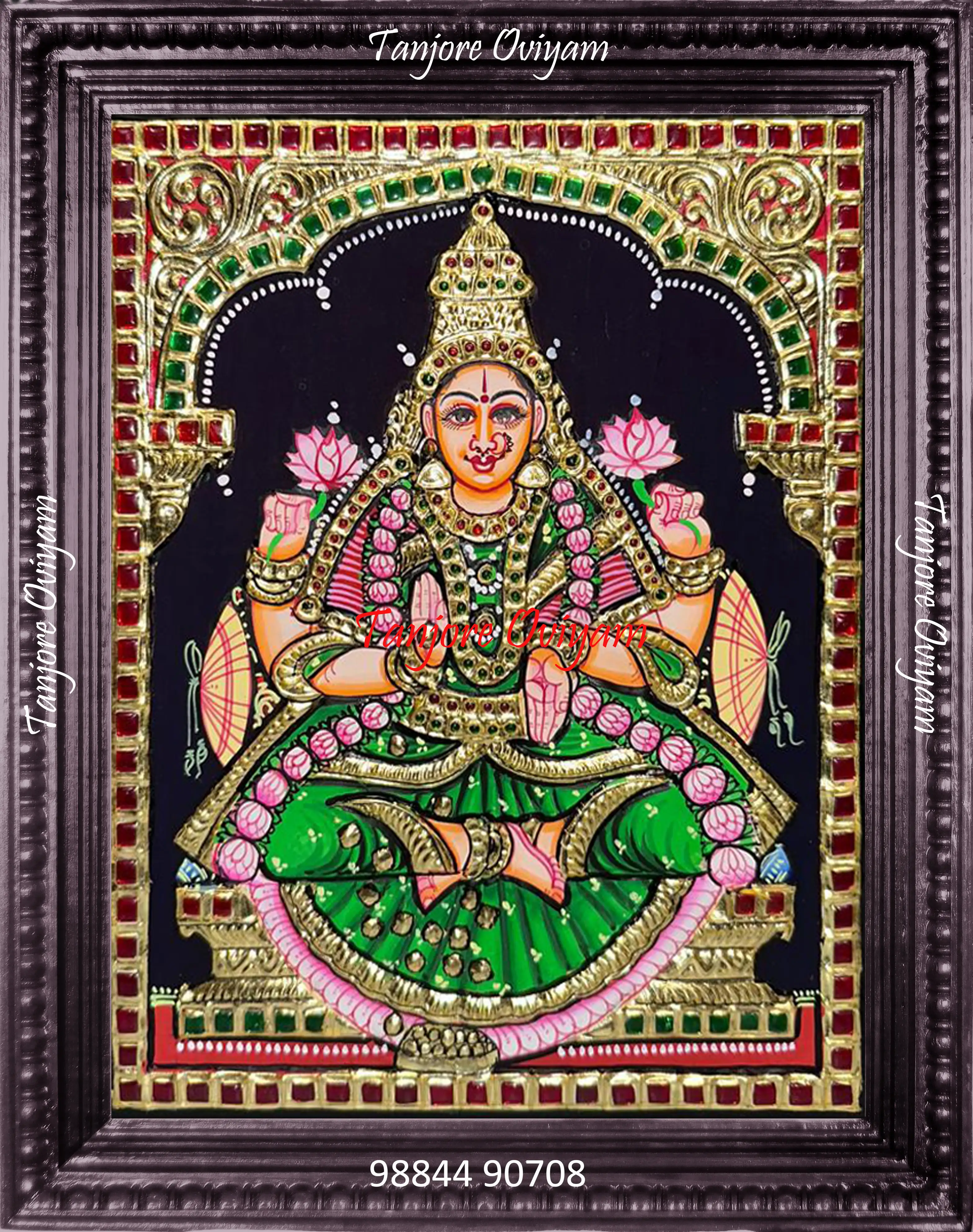 Lakshmi Tanjore painting of Mahalakshmi seated lotus gold foil temple style traditional artwork